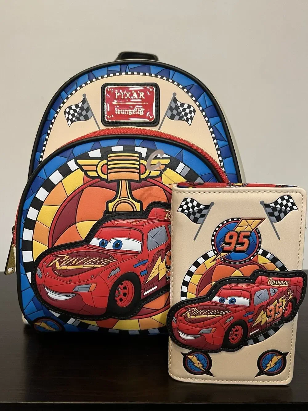Loungefly Disney Cars Lightning McQueen Stained Glass Mini Backpack Wallet